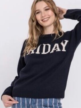 English Factory Navy Crewneck Sweater with Cream "FRIDAY" Size Large